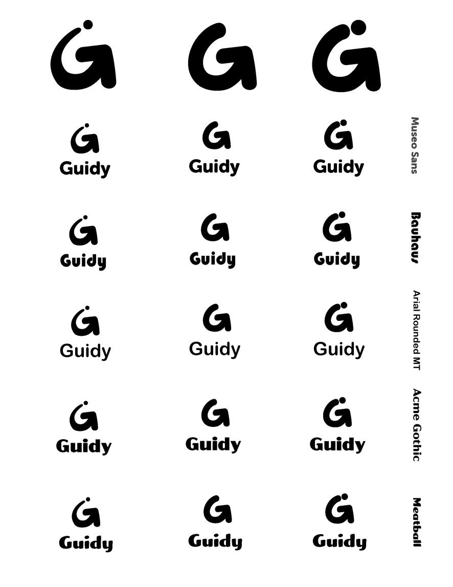 Untitled Nine sets of the letter "G" in various font styles, paired with the word "Guidy" below each, arranged in a three-by-three grid. The right side features a vertical list identifying the font styles as Museo Sans, Bauhaus, Arial Rounded MT, Acme Gothic, and M