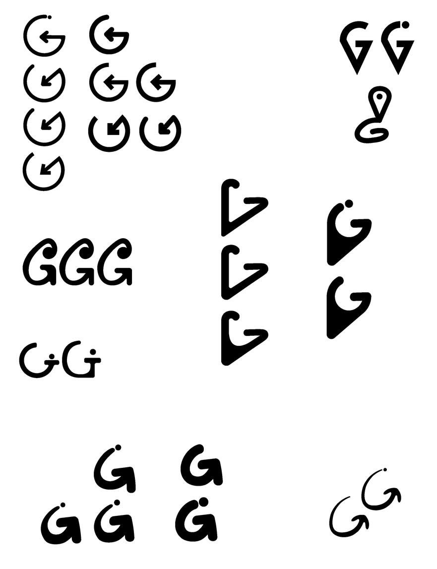 Untitled Black and white graphic design of various stylized letter "G" designs, including curved shapes, arrows, and dots, presented in diverse arrangements.
