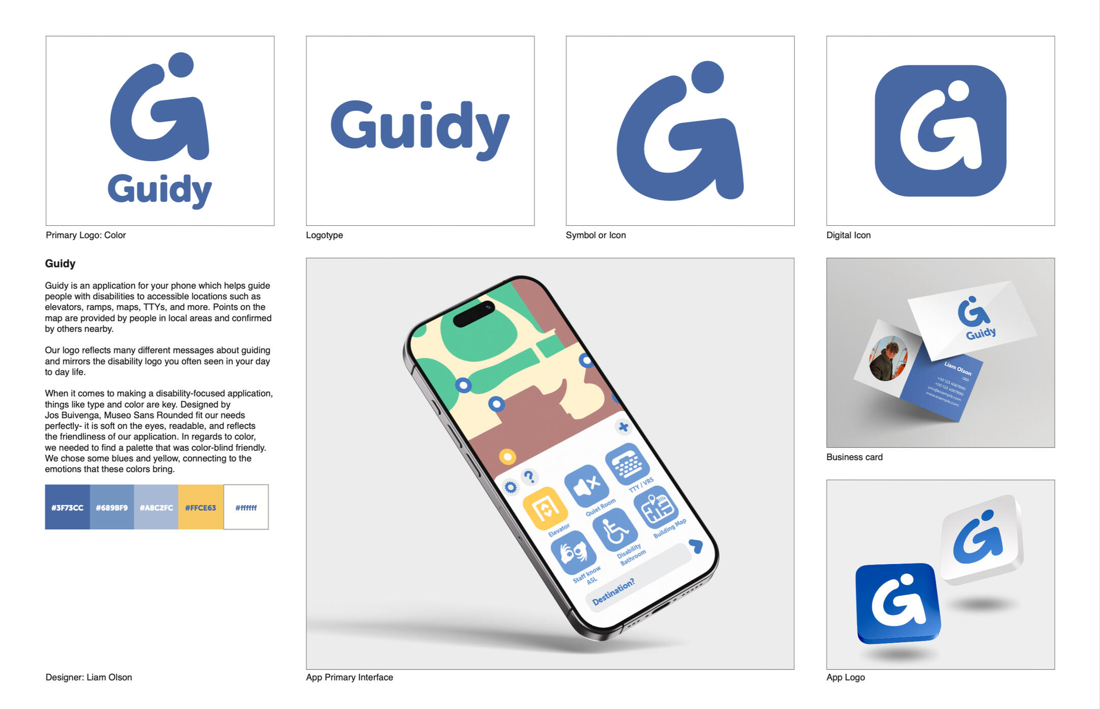 Guidy Final Project Page 1 A mock-up showcasing a 'Guidy' app interface displayed on a smartphone, featuring an accessible map with navigational icons for locations, alongside branding elements such as the primary logo, symbol, and a business card mockup.