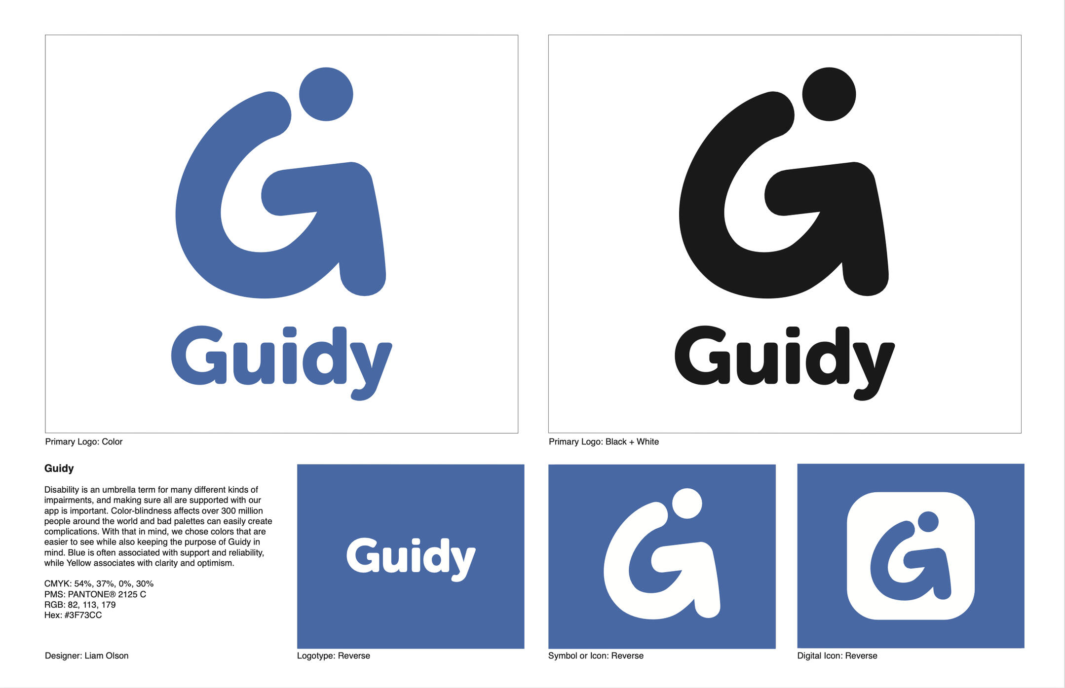 Guidy Final Project Page 1 Multiple variations of the "Guidy" logo in color and black and white, including the main logo in blue and the "G" icon, along with variations for different applications like the logotype, symbol/icon, and digital icon.
