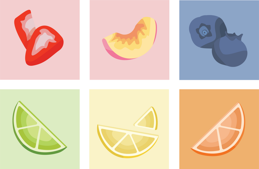 Six square panels with illustrations of sliced fruits: two strawberries, an orange slice, a lemon slice, a lime slice, two blueberries, and a peach slice.
