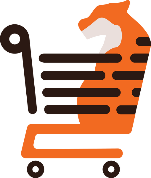 Stylized illustration of a shopping cart with a tiger's head peeking out from inside, on a black background.