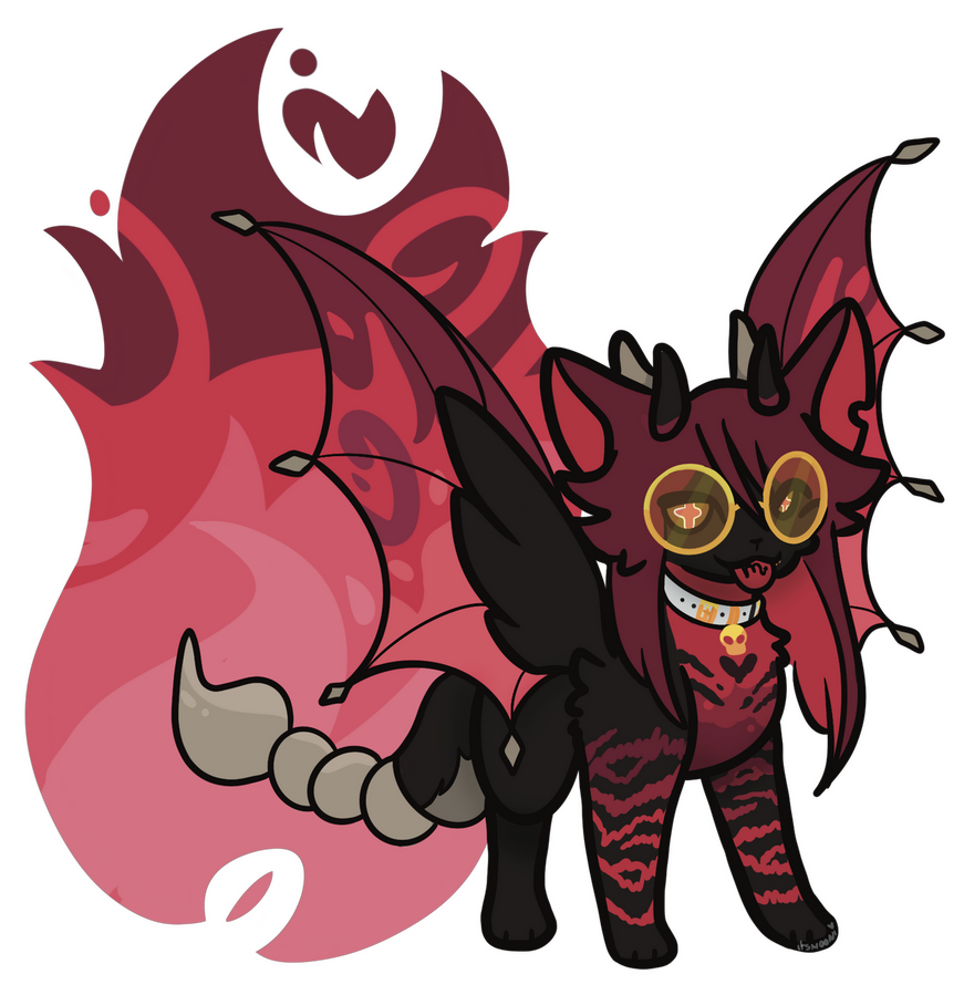 2024 Red-Black character with bat wings, enflamed scorpion tail, yellow eyes and horns.