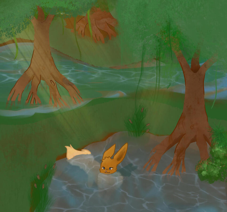 2022 Eevee swimming in a river within a swampy-like setting, rays of light shining above breaking through trees.