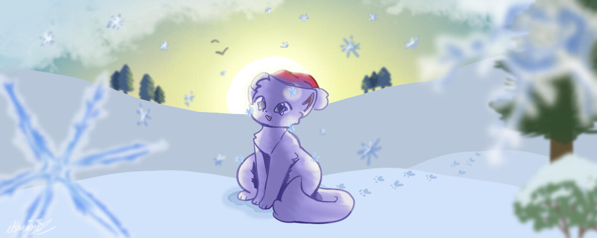 2024 A white cat with an expression of amazement and wearing red christmas hat sitting in a wide scene of snow and trees. The sun rises behind, creating a darker shadow in front of the cat. In the corners of the image there are close-up snowflakes.