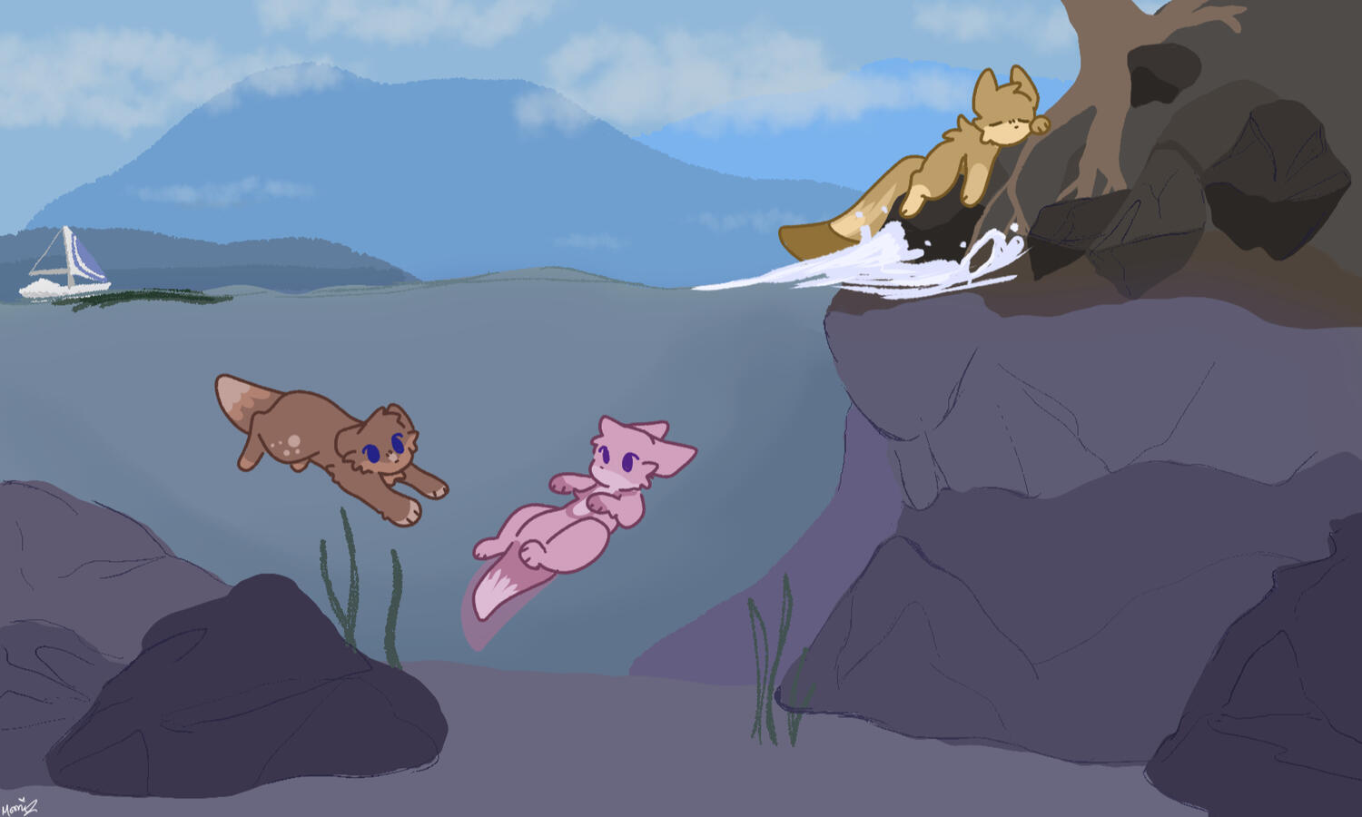 2023 A split scene both underwater and above, with 3 cat-otter-like characters. 2 of the characters, one pink and another brown are swimming in the water among stones and seaweed. Another yellow character is resting on the shore.