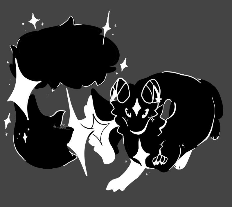 A long Black and White creature with horns and a star-esqe theme. It stairs directly at the viewer and is floating/in motion.