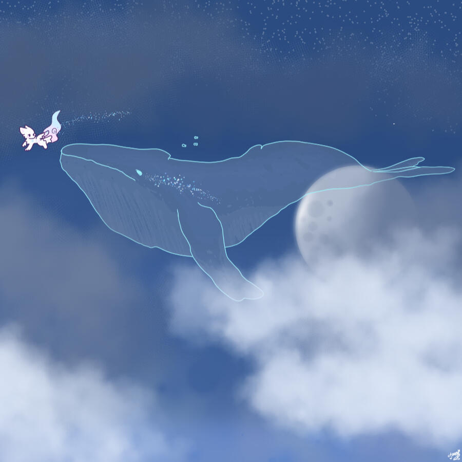 2024 A translucent blue whale floats in a cloudy night sky near a large moon, with a small, whimsical white-pastel creature approaching guiding it.
