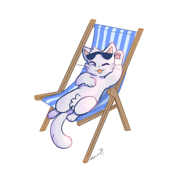 2023 White cat laying in a blue-striped sun chair, a paw raised and a cheerful expression. Above the eyes are a pair of sunglasses.