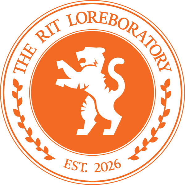 Orange circular emblem with a white stylized tiger in the center, surrounded by text "THE RIT LOREBORATORY" and a laurel wreath, with "EST. 2026" at the bottom.