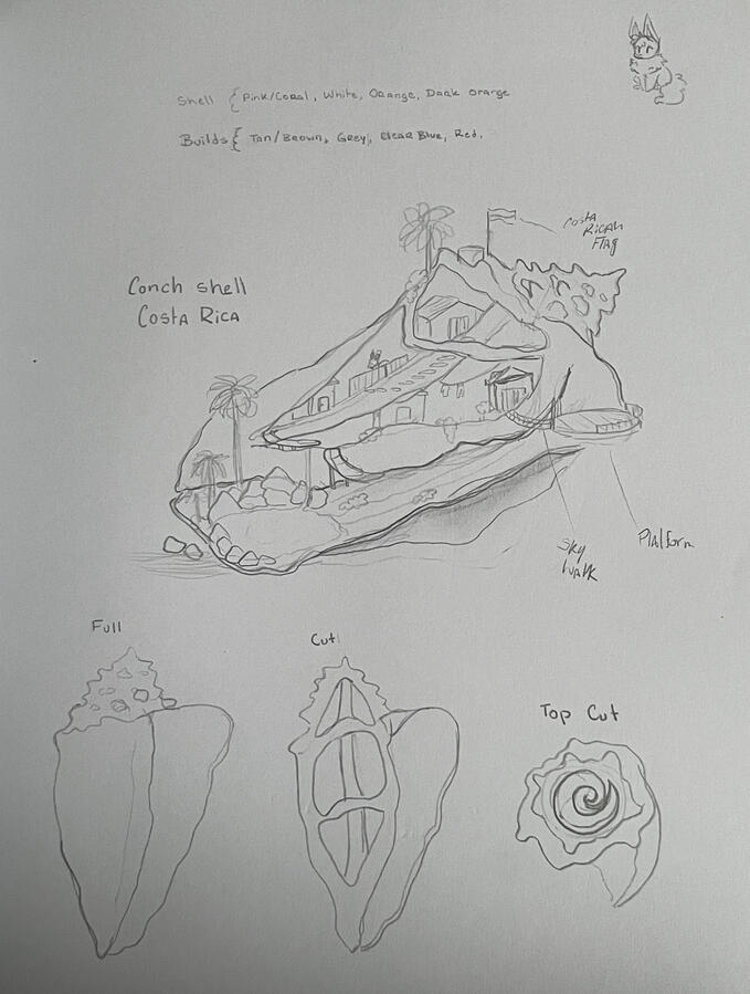 Pencil sketch of a conch shell concept for Costa Rica, featuring a detailed drawing of a landscape built into the shell, with buildings, a flag, and a platform, alongside separate drawings of the shell's full view, a cutaway, and a top view.