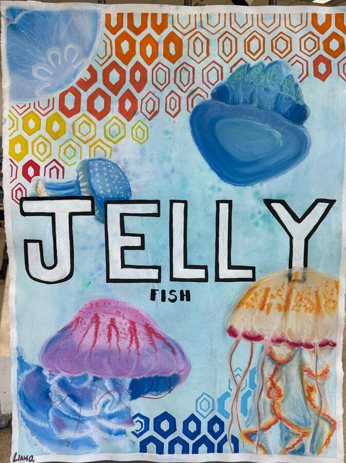 Illustration of a watercolor painting of jellyfish, with "JELLY FISH" written in bold, outlined letters. The jellyfish are depicted in various colors, including blue, purple, and orange, against a light blue background decorated with geometric patterns.
