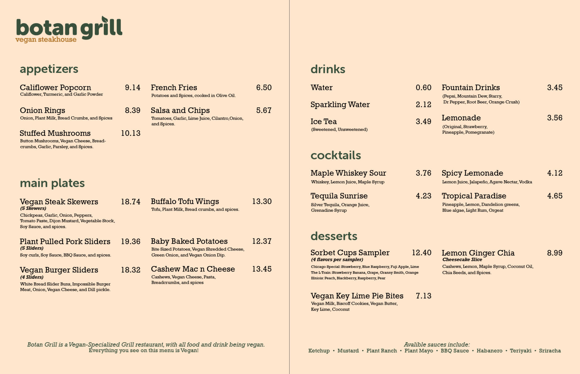 Grill Menu Menu for Botan Grill, a vegan restaurant, featuring appetizers, main plates, drinks, cocktails, and desserts, with dish descriptions and prices listed.