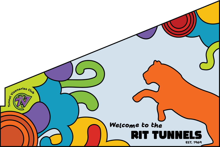 Abstract background with colorful organic shapes and a leaping orange panther, welcoming visitors to RIT Tunnels.