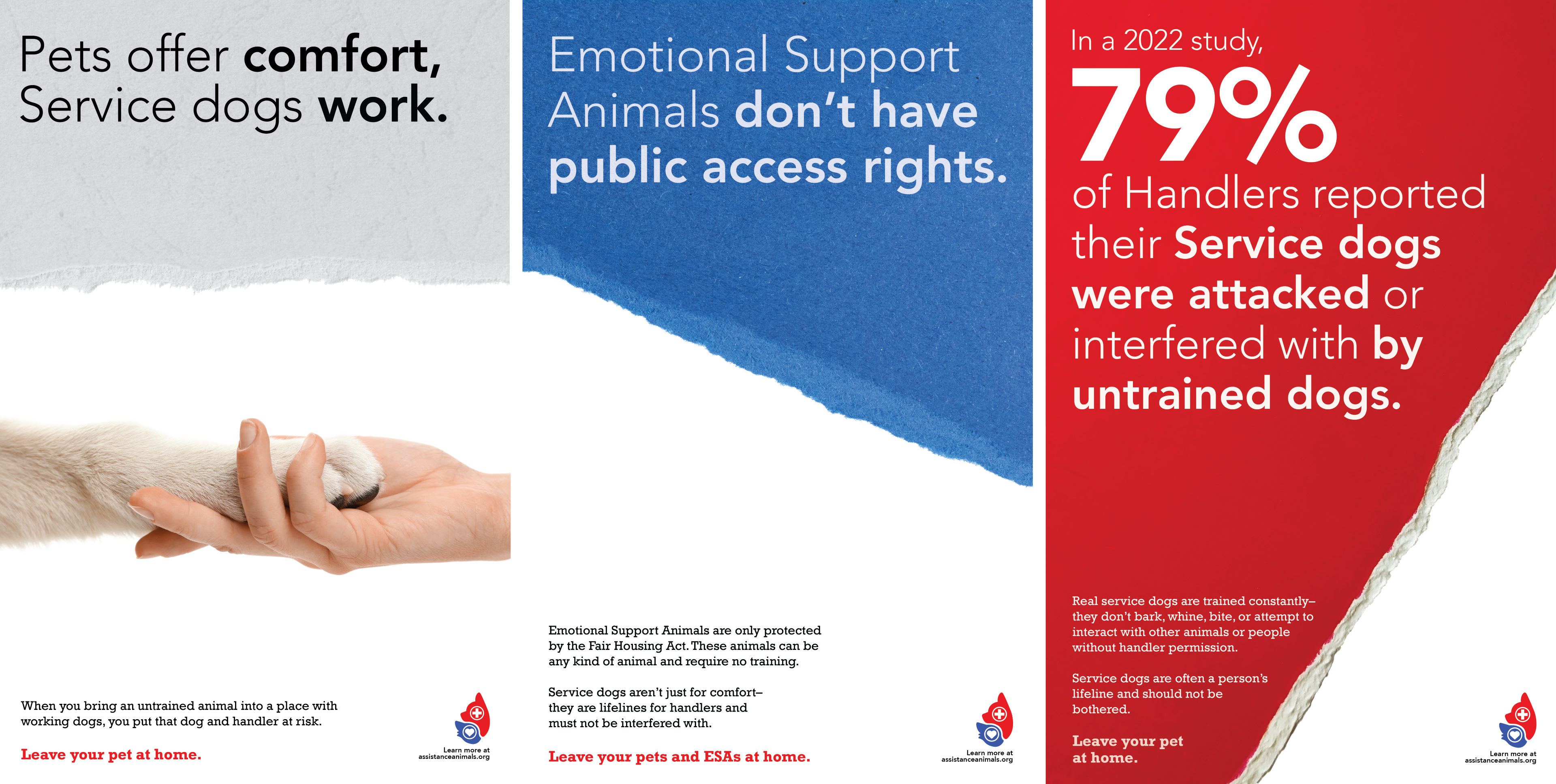 PSA Posters A three-panel infographic posters with a white background, divided by simulated torn paper edges. "Leave your pet at home." is the staple statement on each poster and the logo + website address are present in each panel.