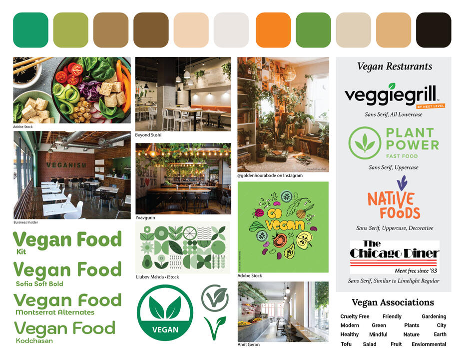Vegan Moodboard Moodboard with a color palette and images related to vegan food and restaurants, including logos, restaurant interiors, food photographs.