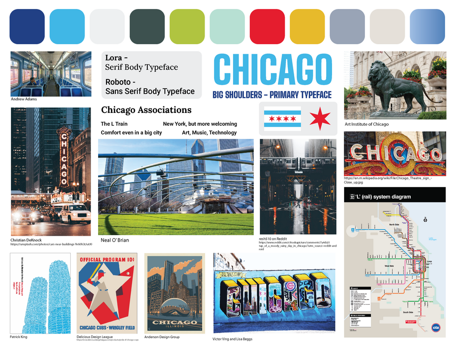 Chicago Moodboard Moodboard about Chicago, featuring images of the city's architecture, public transportation, art institute, and cultural symbols, along with color swatches and typography examples.