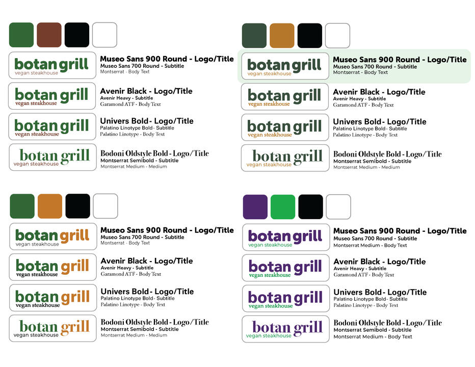 Typeface Pairings A design concept showing the "Botan Grill" logo in various fonts and color schemes, with each configuration placed above its associated text detailing the font choices for the logo and subtitle "vegan steakhouse". The color schemes vary across the design.