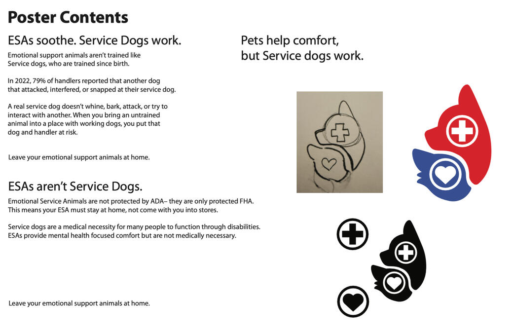 Untitled Poster ideations between Emotional Support Animals and Service Dogs. Features a potential logo and highlighting key differences between ESAs and Service Dogs.