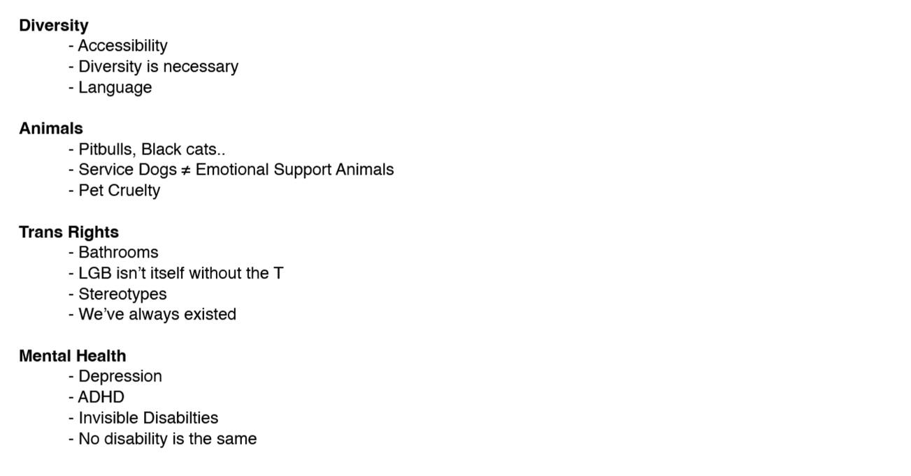 Untitled White background with black text listing topics and bullet points on ideas for call-to-action themes. List about Diversity, Animals, Trans Rights, and Mental Health, with associated subtopics.
