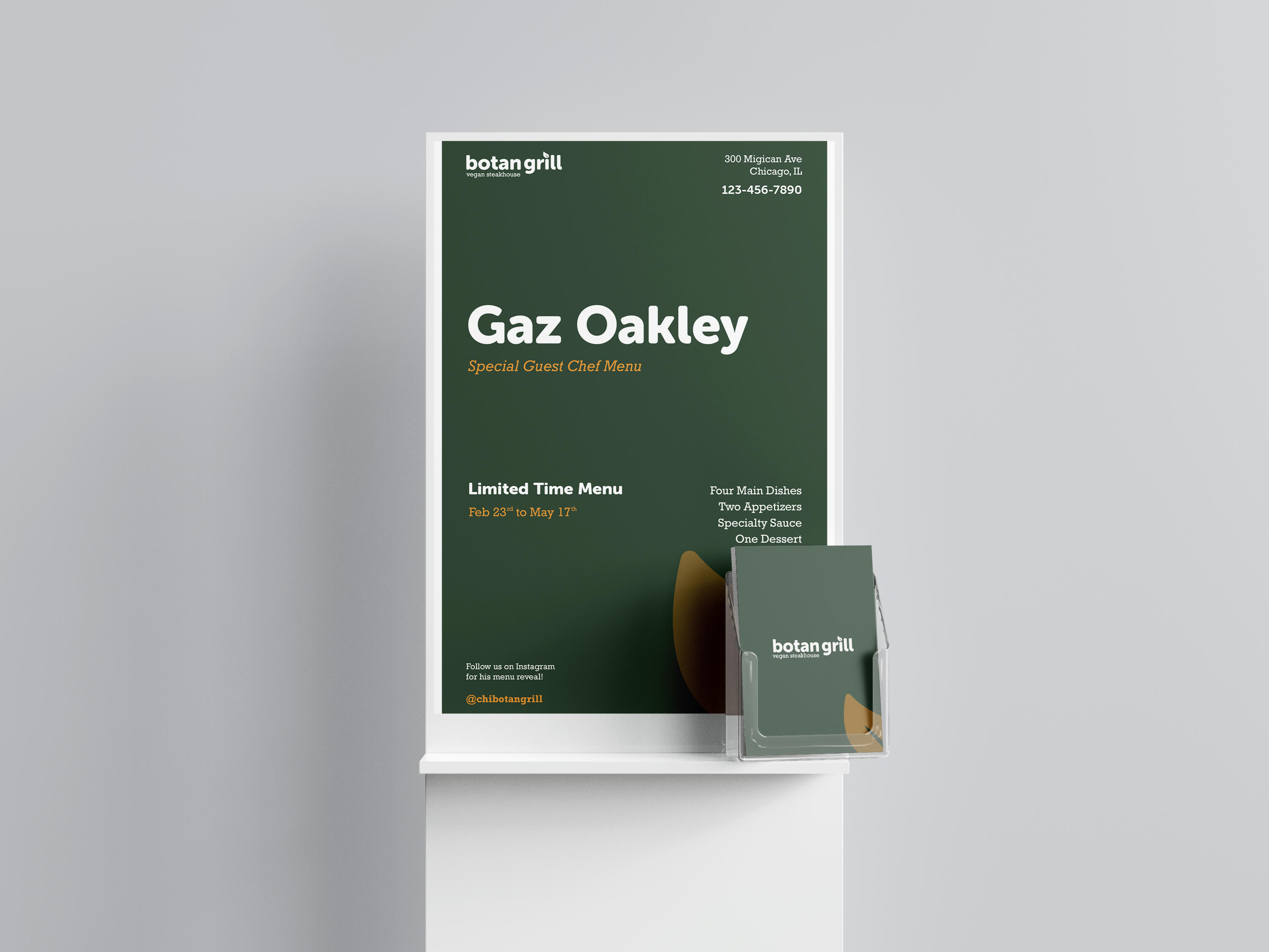 A promotional sign for Botan Grill, featuring a special guest chef menu by Gaz Oakley. The sign is dark green with white text, and mentions a limited-time menu and other location information. A holder with Botan Grill menus is in the bottom right.