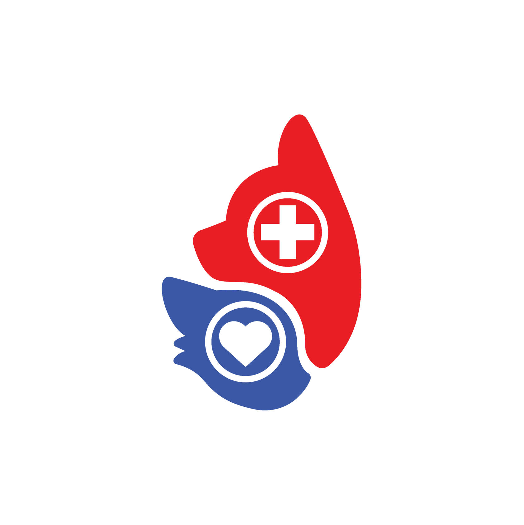 Image of a logo of a red dog silhouette with a health symbol and a blue cat silhouette beneath it with a heart symbol.