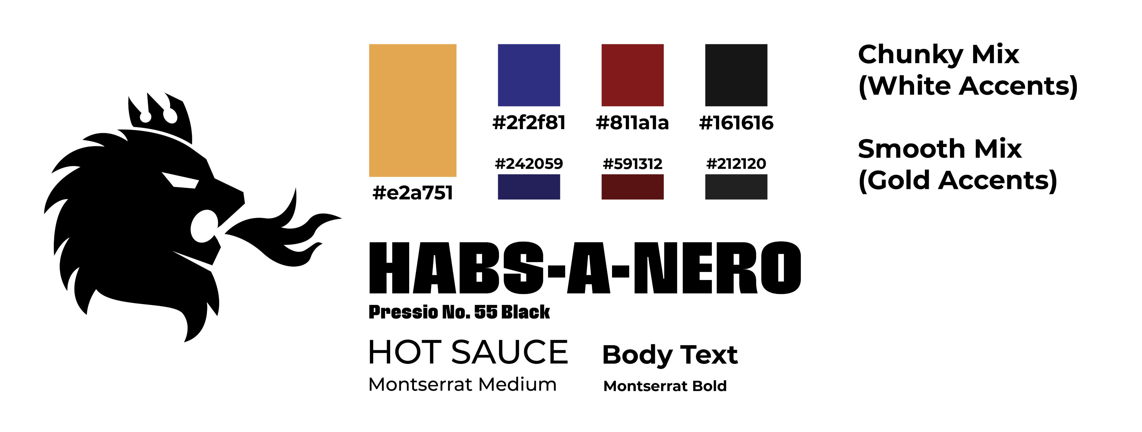 Branding page and a logo design for "HABS-A-NERO" hot sauce featuring a black lion's head with a crown, exhaling stylized flames, alongside color swatches, text labels indicating color schemes with accent options, font styles, and brand typography.