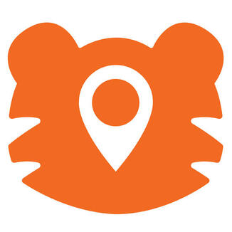 Orange tiger head icon with a map pin in place of a face.