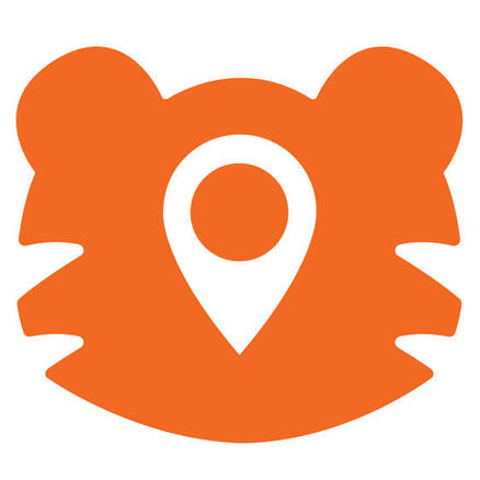 Orange tiger head icon with a map pin in place of a face.