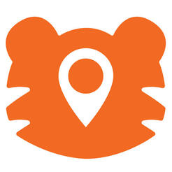 Orange tiger head icon with a map pin in place of a face.