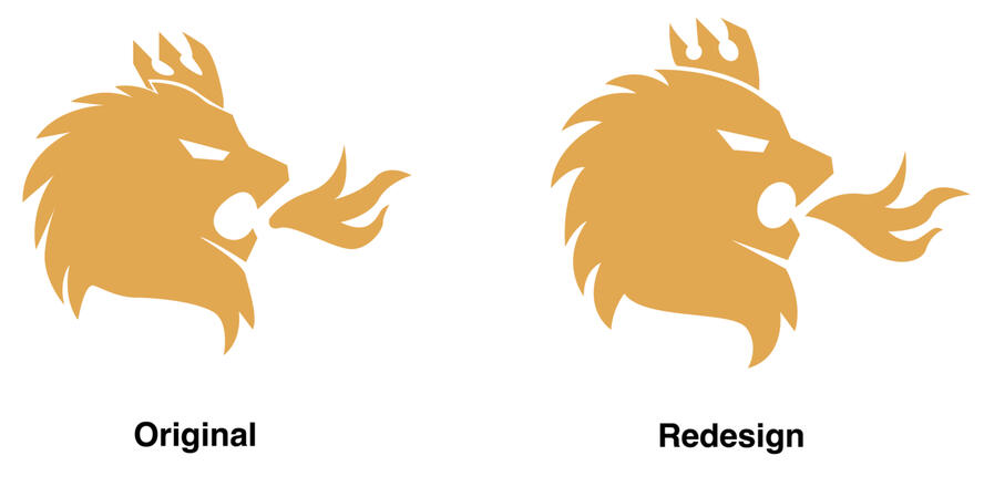 A side-by-side comparison of an original and a redesigned golden lion logo, both depicted in profile with flames or smoke emanating from their mouths and wearing a crown.