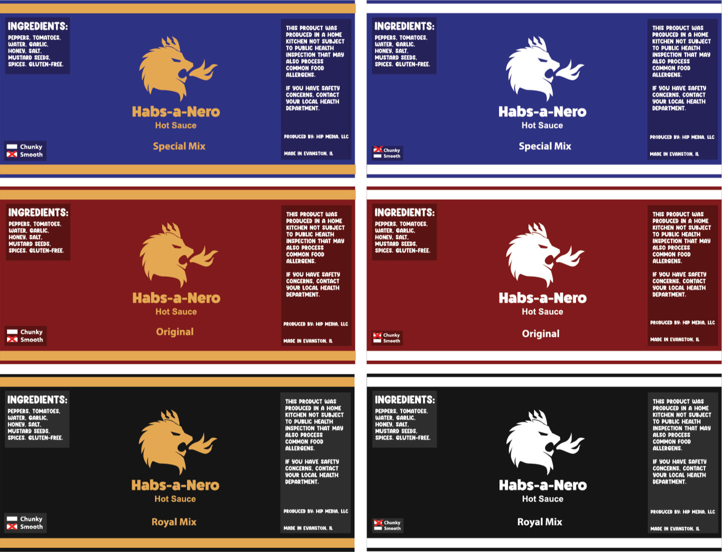 Four different label designs for "Habs-a-Nero Hot Sauce". Each label features a stylized lion head logo, the sauce name, and variant name (Special Mix, Original, Royal Mix), ingredients, and legal disclaimers.