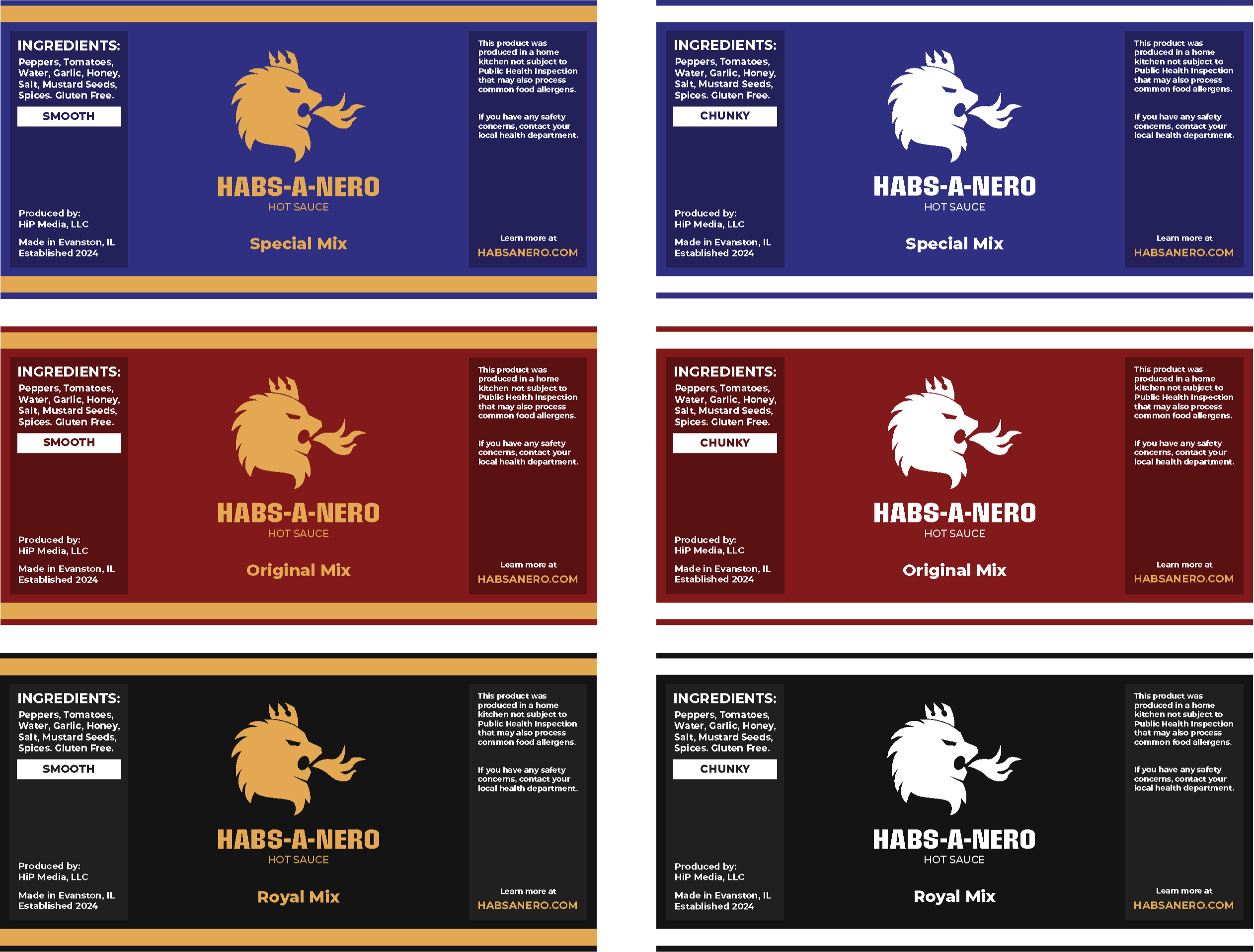 Four different label designs for "Habs-a-Nero Hot Sauce". Each label features a stylized lion head logo, the sauce name, and variant name (Special Mix, Original, Royal Mix), ingredients, and legal disclaimers.