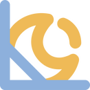 Abstract icon of a yellow crescent moon and right angle blue line with another smaller line connecting them half way. Hidden are the letters L, A, C, and O.