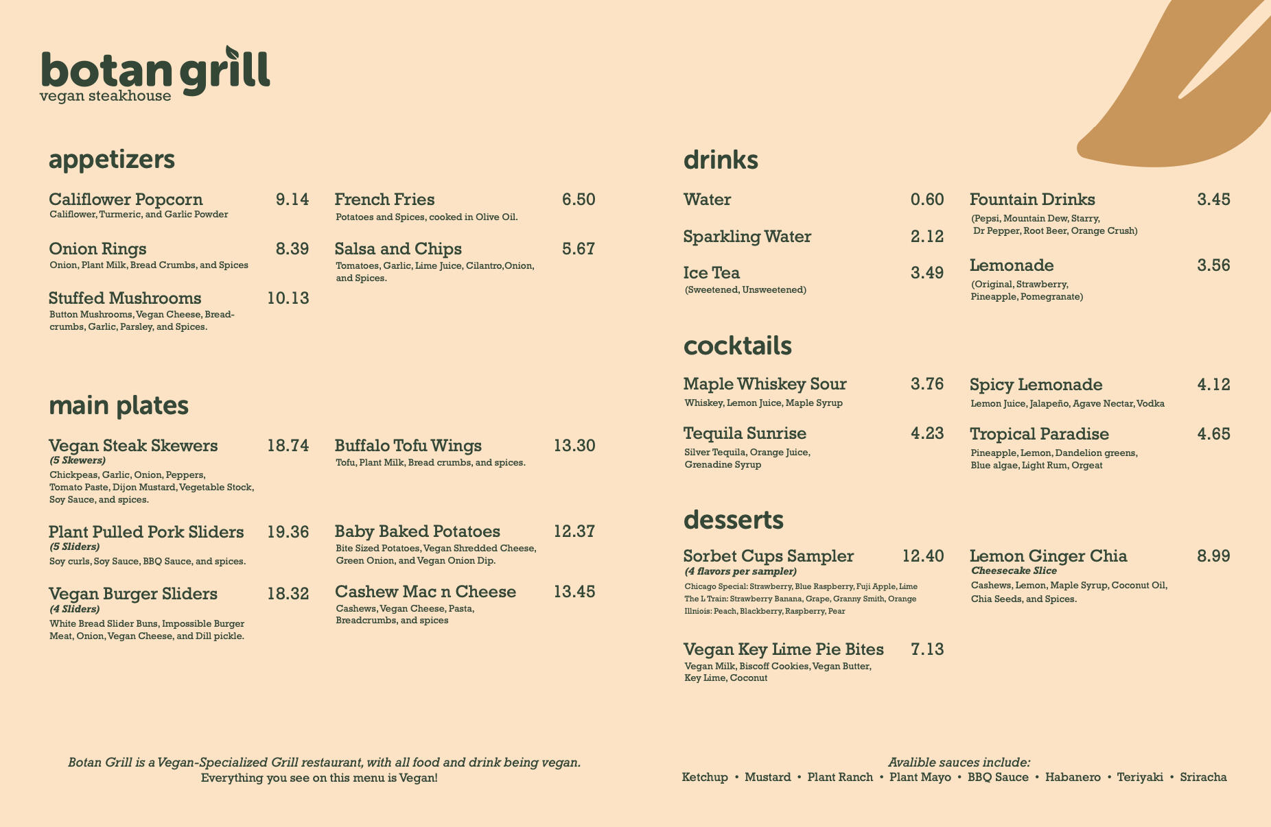 Menu for Botan Grill, a vegan restaurant, featuring appetizers, main plates, drinks, cocktails, and desserts, with dish descriptions and prices listed.