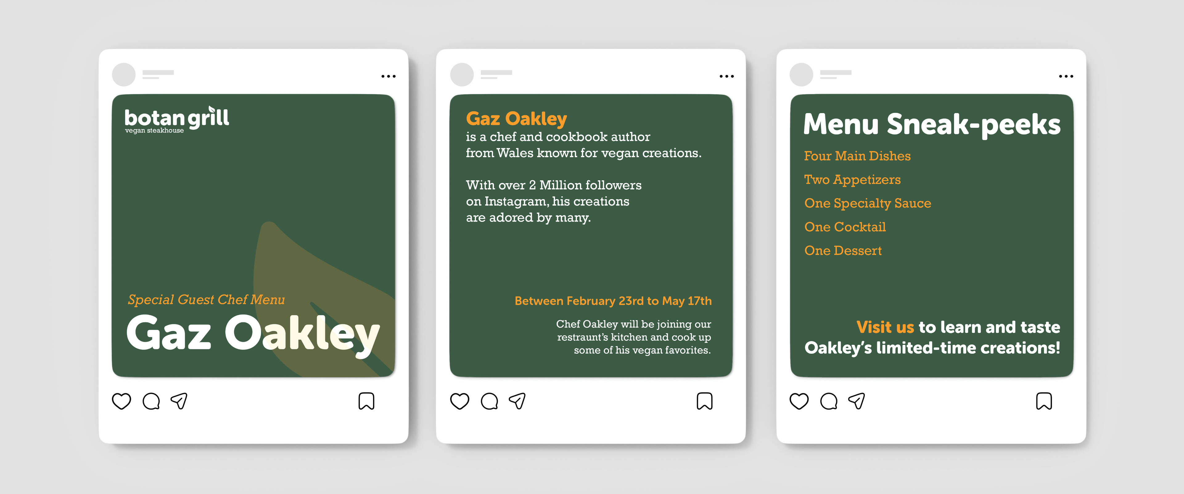 A series of three Instagram posts advertising a special guest chef menu at Botan Grill, featuring chef and cookbook author Gaz Oakley known for vegan creations.